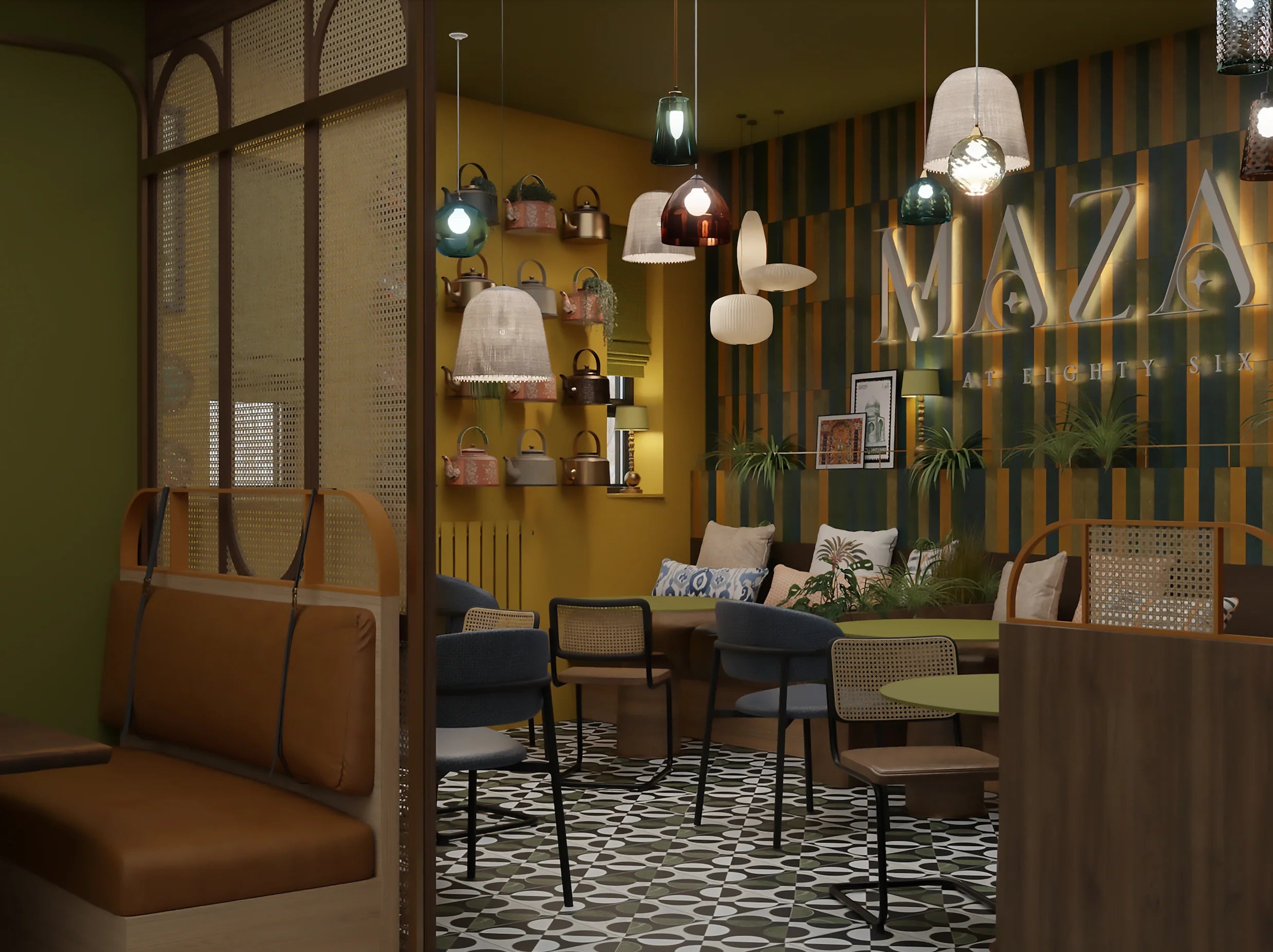 Restaurant interior design with contemporary lighting, textured finishes, and modern hospitality seating