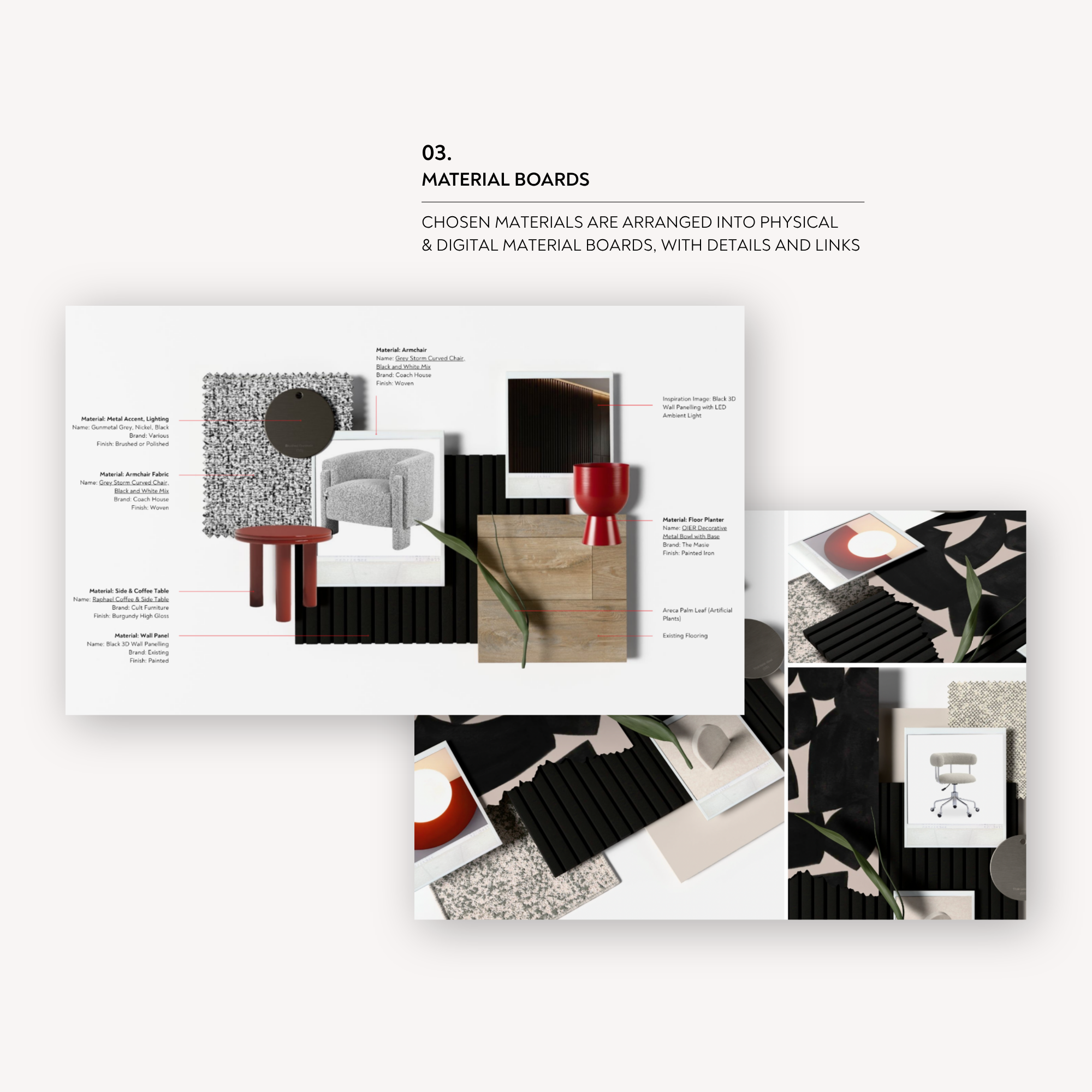 Commercial interior designer presenting workspace concepts and material selections